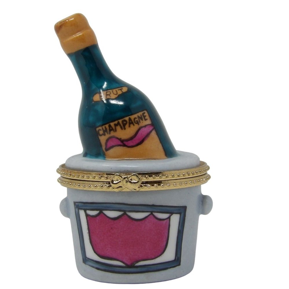 Porcelain Hinged Trinket Box Brut Champagne w Cloisonne Style Egg Trinket 